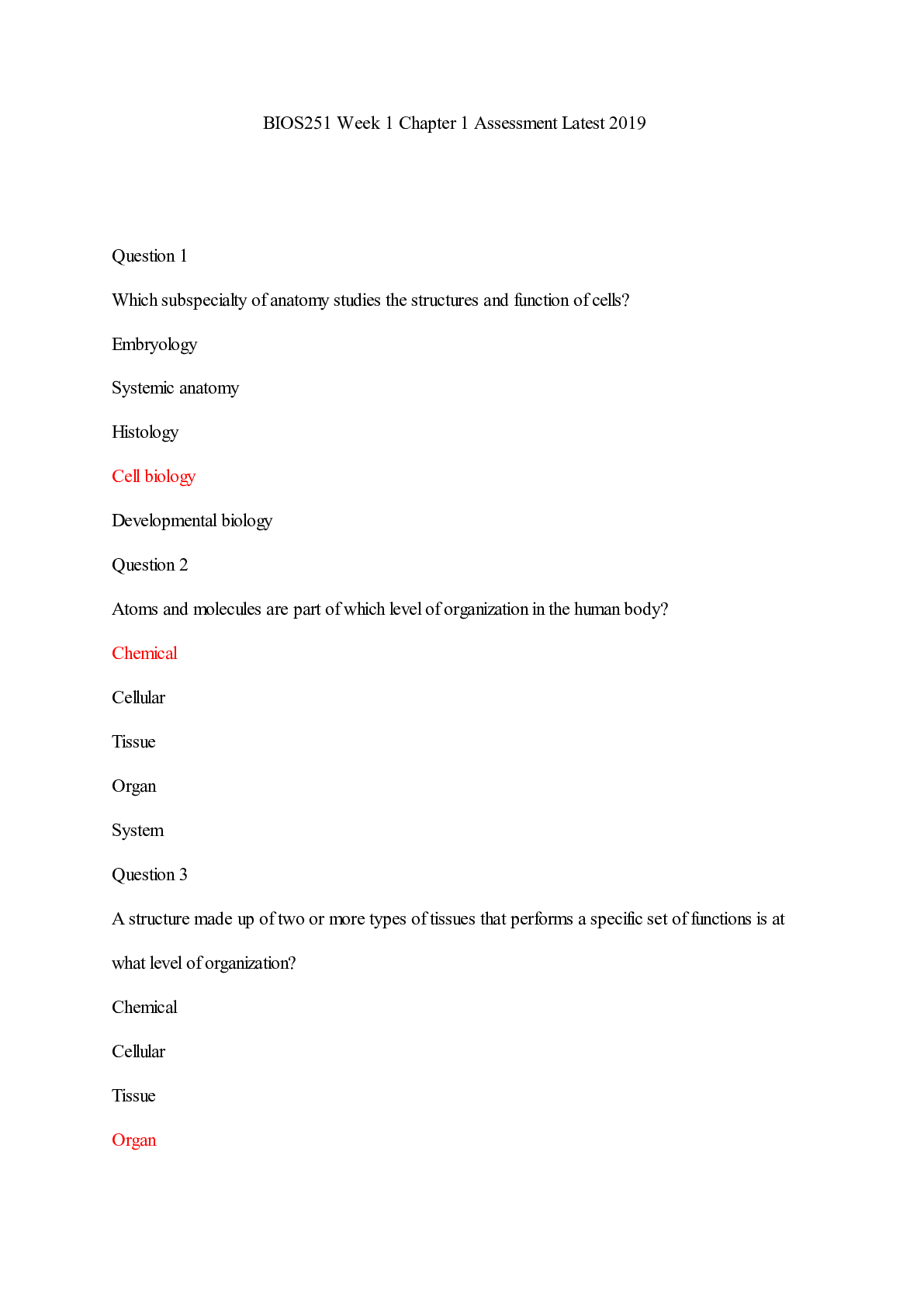 Preview of BIOS251 Week 1 Chapter 1 Assessment Latest/BIOS251 Week 1 Chapter 1 Assessment Latest
